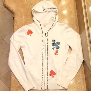 White Zio-up Knit Hoodie with Card Suit Embroidery & Sequined Embellishments, M